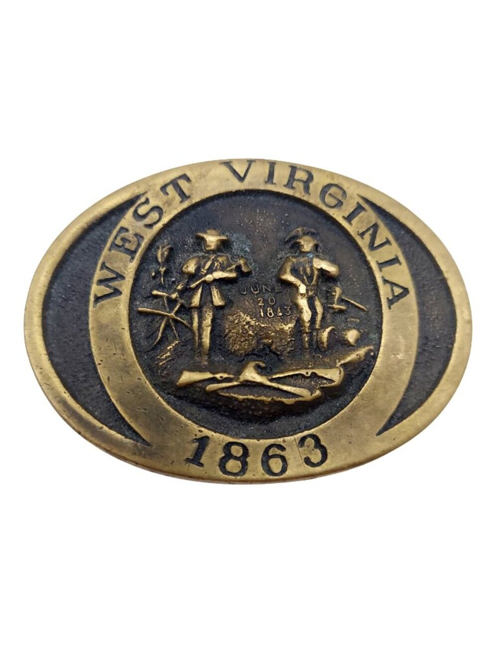 Brass Belt Buckle West Virginia State Seal 1863 Oval Solid Heritage Mint Vintage